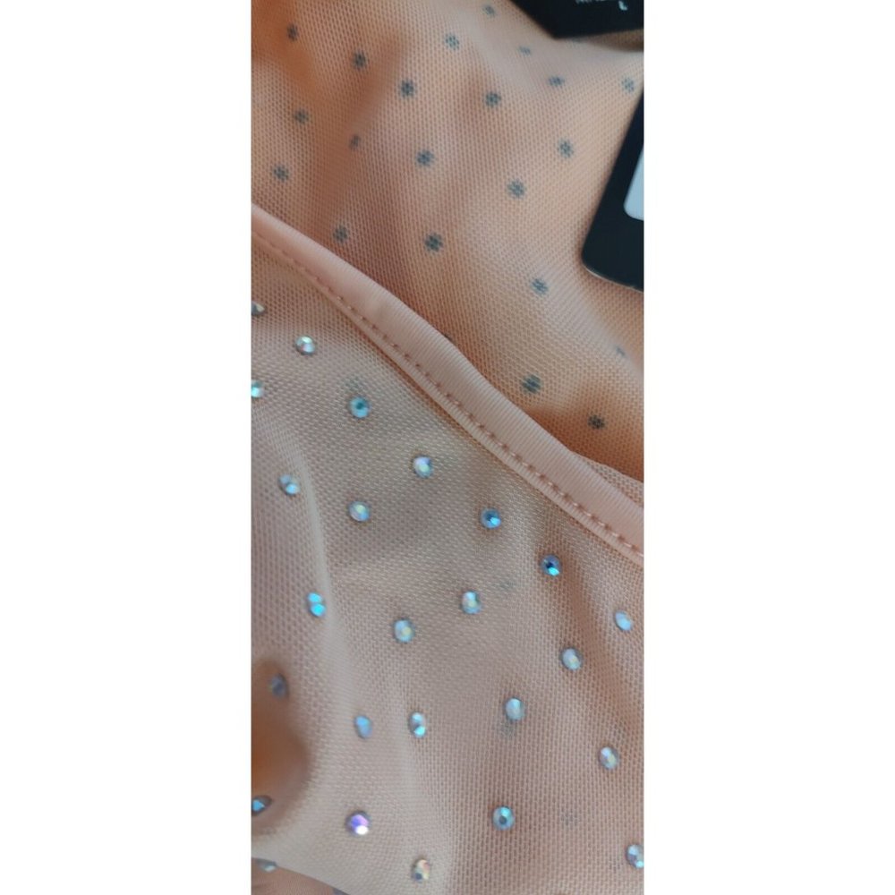 BEBE Jumpsuit L Peach Parfait Embellished Illusion Wide Leg Cocktail Stretch - Picture 12 of 12